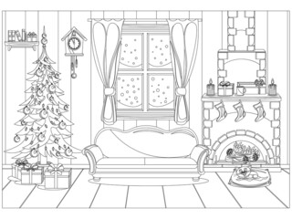 Coloring book for kids and adults in the form of a vector room prepared for the celebration of the new year and Christmas.