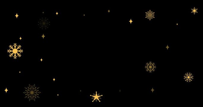 Animation of gold christmas snowflakes flickering on black background