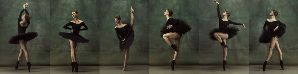 Collage made of images one beautiful ballerina in black stage costume, tutu dancing isolated on dark vintage background.