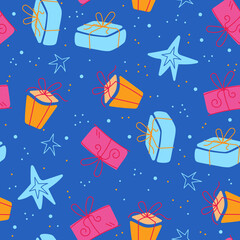 Seamless pattern of colorful cute gifts and stars. Happy New Year, Christmas, Happy Birthday holiday wallpaper. Cute art, vector illustration