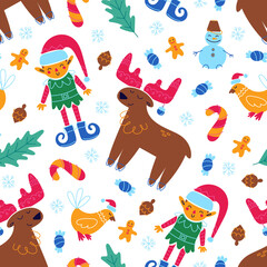 Merry Christmas holiday seamless pattern. Elf, deer, candy, bird and snowman. Happy New year wallpaper. Cute festive illustration. Vector