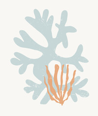 Obraz premium Abstract Grunge Sea Flora Vector Illustration. Blue and Pale Orange Hand Drawn Corals Isolated on a Beige Background. Underwater Garden Print Ideal for Card, Poster, Wall Art, Room Decoration.