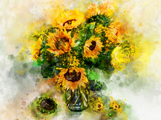 Sunflower bouquet painting in watercolor.