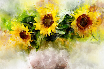 Sunflower bouquet painting in watercolor.