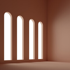 empty room with a tall rectangular rounded windows, 3d rendering abstract scene background 