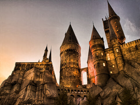 Osaka, Japan - Nov 5, 2020: Hogwarts castle at the Wizarding World of Harry Potter in Universal Studios Japan in Osaka city.
