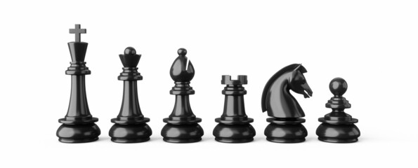 3D Rendering Black chess pieces isolated on white background