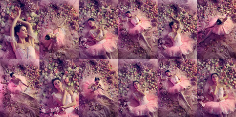 Queen of flowers. Top view of beautiful young woman in lilac color ballet tutu surrounded by...