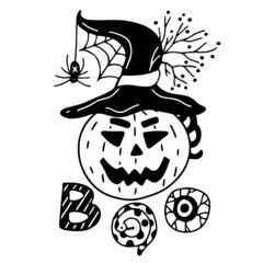 Boo hand drawn lettering and vector illustration of a Jack O lantern with witch hat. Black color.  Great Halloween card