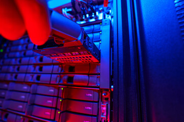 Modern tech equipments on server racks in server room