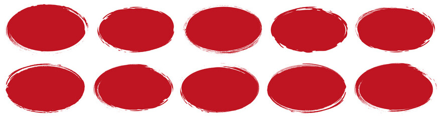 set of vector red oval brush painted ink stamp circle banner on white background