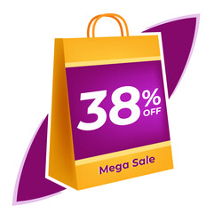 38 percent off. 3D Yellow shopping bag concept in white background.