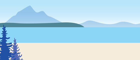 Fototapeta na wymiar Mountain lake, copy space template, Flat game illustration with Mountains in spring as a backdrop for overlaying without people