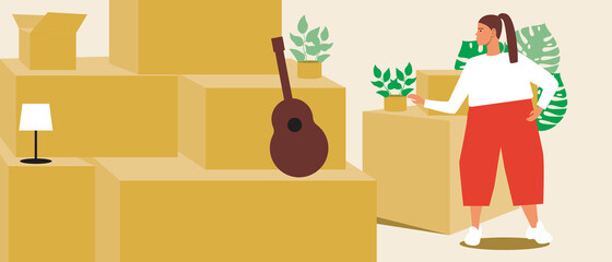 Packing goods for moving, copy space template, Flat vector stock illustration with Woman and boxes with goods, Houseplants, leaves