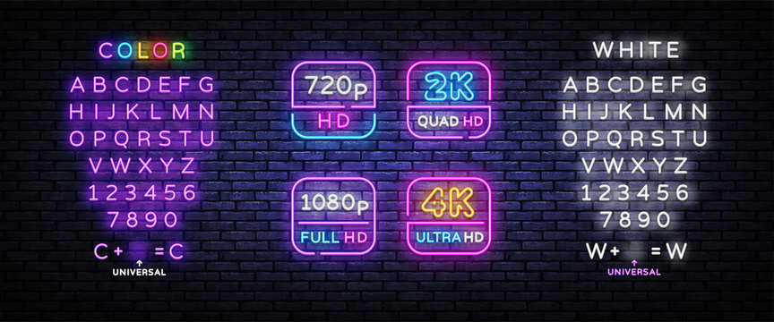4K, 2k Ultra HD Video Resolution set neon signs vector design template. Video Quality neon design, light banner, design element, night bright advertising, bright sign. Vector. Editing text neon sign