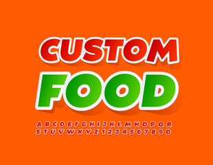 Vector creative concept Custo Food. Red Sticker Font. Bright set of Alphabet Letters and Numbers