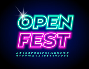 Vector glowing poster Open Fest. Neon trendy Font. Electric light set of Alphabet Letters and Numbers