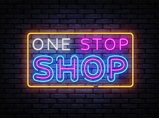 Fototapeta na wymiar One Stop Shop neon sign vector. Shoping Design template, light banner, night signboard, nightly bright advertising, light inscription. Vector illustration