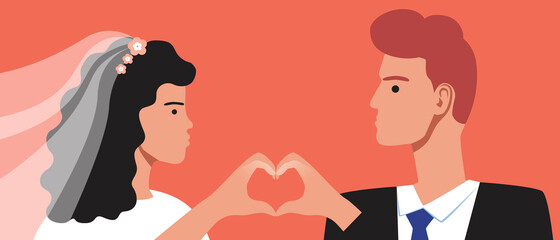 Wedding day couples, Flat vector stock illustration with newlyweds holding hands with heart and wife with veil
