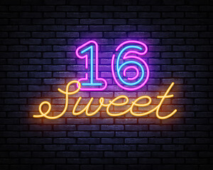Naklejka na ściany i meble Sweet 16 neon sign vector design template. Happy Birthday neon banner, design element colorful modern design trend, night bright advertising, bright sign. Vector illustration