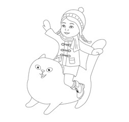 Illustration of a  girl riding a big cat. Winter vacation. Pet games. Friendship of a child and an animal. Cartoon picture. Play in the snow. Coloring scheme.  Colouring book in doodle style. 