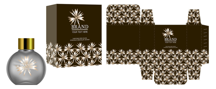 Packaging design, Label on perfume or cosmetic container with luxury box template and mockup box, illustration vector.	