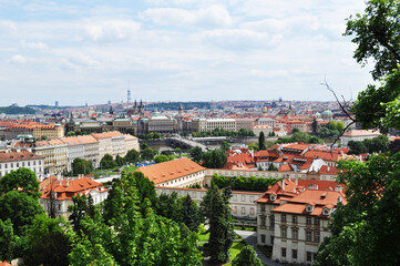 Fototapeta na wymiar Panoramic view of Prague. View from a hill to residential buildings. Summer day.