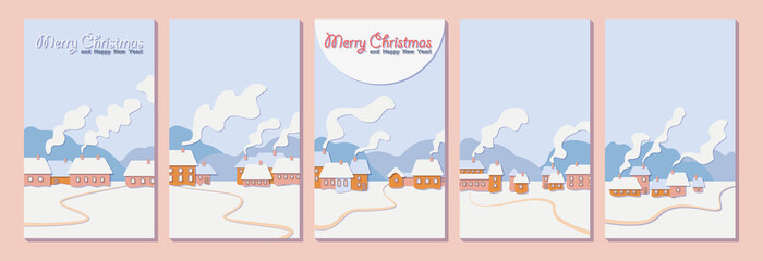 A set of Christmas cards with a winter landscape.