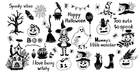 Fototapeta na wymiar Hand drawn set with a cute ghost, witch, broom, bat and other Halloween decorations. Vector illustration are perfect for party decoration, creating greeting card, posters.