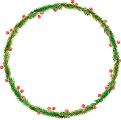 Hand-drawn watercolor wreath with Christmas decorations and winter berries