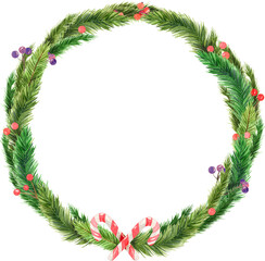 Fototapeta na wymiar Hand-drawn watercolor wreath with Christmas decorations and winter berries