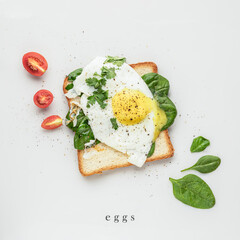 toast with fried egg and spinach. minimalistic food art healthy food