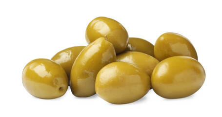 Many fresh green olives on white background
