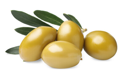 Olives with green leaves on white background