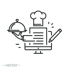 food blog icon, online cooking community, chef blogger with recipe,  foodie recipe, kitchen story, thin line symbol on white background - editable stroke vector illustration eps10