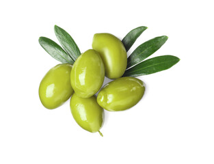 Delicious fresh green olives with leaves on white background, top view