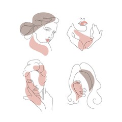 Female linear art portraits. Logos for beauty salons, abstract vector portraits of women.