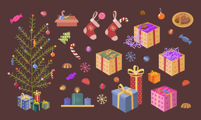 A set of New Year's stickers with gifts, New Year's decorations and accessories, sweets and a Christmas tree. Vector patches of holiday items and New Year's toys.