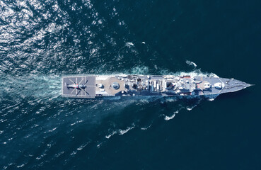 Aerial view of naval ship, battle ship, warship, Military ship resilient and armed with weapon...