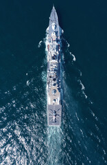 Aerial view of naval ship, battle ship, warship, Military ship resilient and armed with weapon...