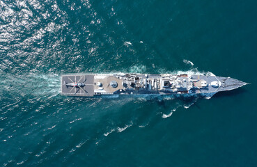 Aerial view of naval ship, battle ship, warship, Military ship resilient and armed with weapon...