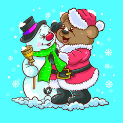 Teddy bear decorating his snowman for Christmas.
Illustrator 8, vector isolated, Christmas Colorful.