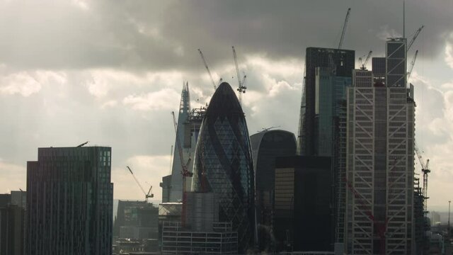 London skyline during the day in a slow motion shot.