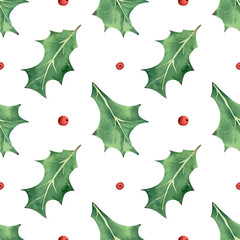 Seamless christmas pattern. Watercolor background with holly berries leaves and berry for holidays textile and wrapping paper
