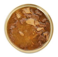 Tin can of wet pet food isolated on white, top view