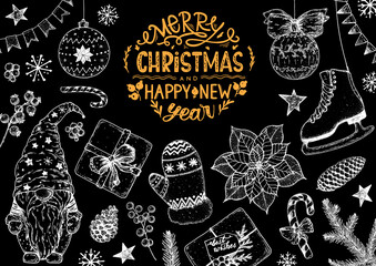 Christmas greeting card. Illustration for a festive Christmas mood. Hand drawn sketch. Vintage design elements. Vector illustration. Invitation design template. Sketch collection.