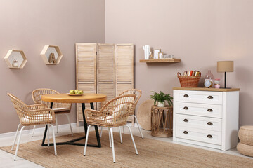 Modern living room with stylish wooden furniture. Interior design