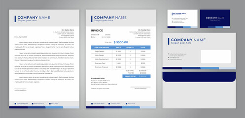 set of letter head, invoice, business card and envelope