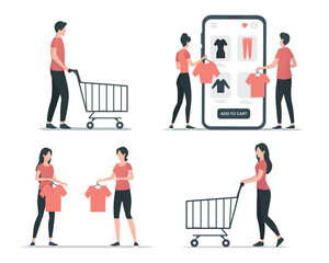 Online shopping. Buying clothes concept. Clothing store. Colored flat vector illustration. Isolated on white background.