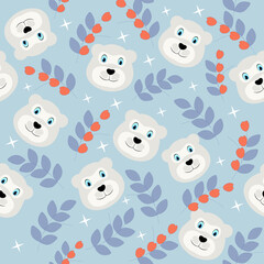 Repetition Polar Bear Face And Leaves On Blue Background.